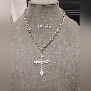 Silver & Rhinestone Large Cross Pendant On Necklace